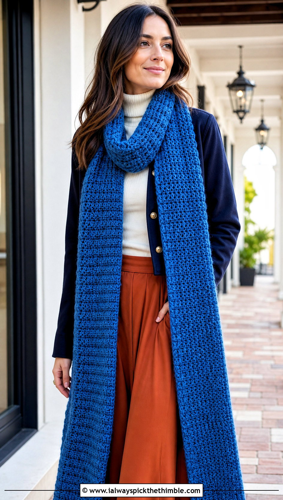 Extra Long Thermal Stitch Crochet Scarf With Midi Skirt - 20 Thermal Stitch Crochet Scarf outfit ideas