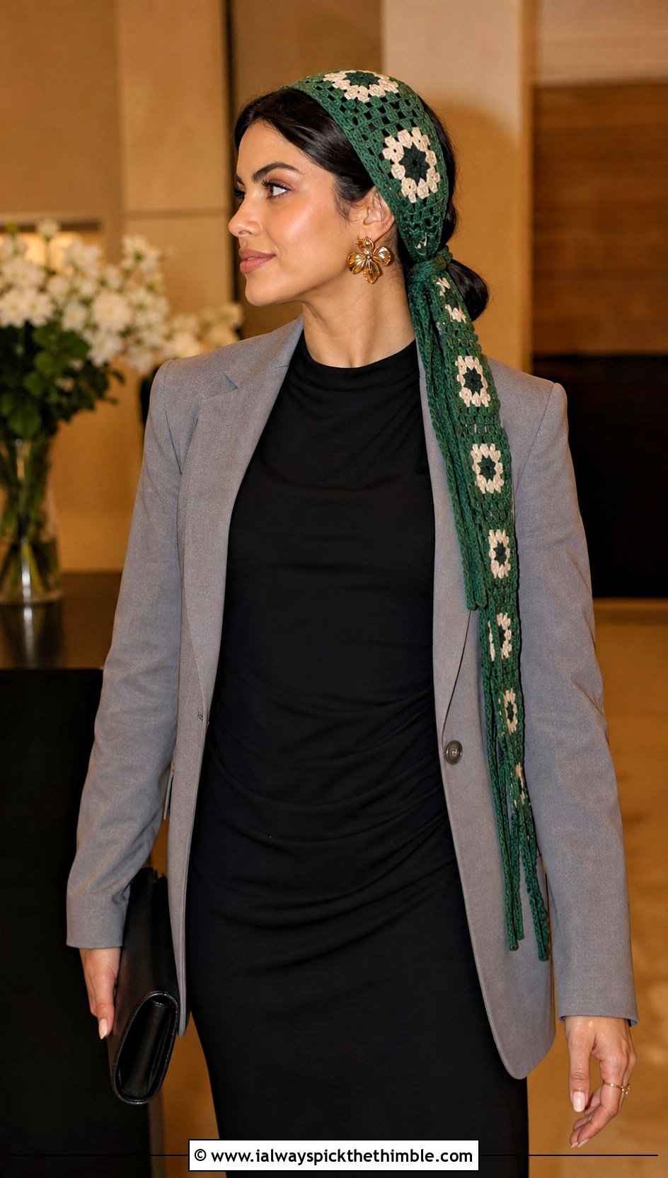 Extra Long Tie Granny Square Hair Scarf With Column Dress And Blazer - 20 granny square hair scarf outfit ideas