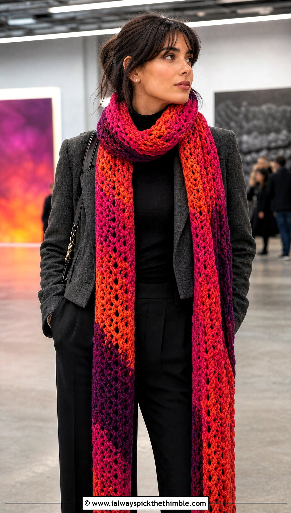 Extra Long Variegated Crochet Scarf With Cropped Jacket - 20 Variegated Yarn Crochet Scarf outfit ideas