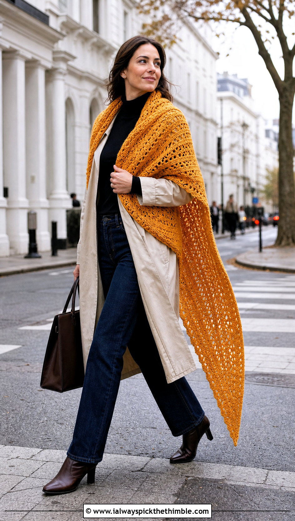 Extra Long Virus Shawl With Trench Coat And Jeans - 25 crochet virus shawl outfit ideas