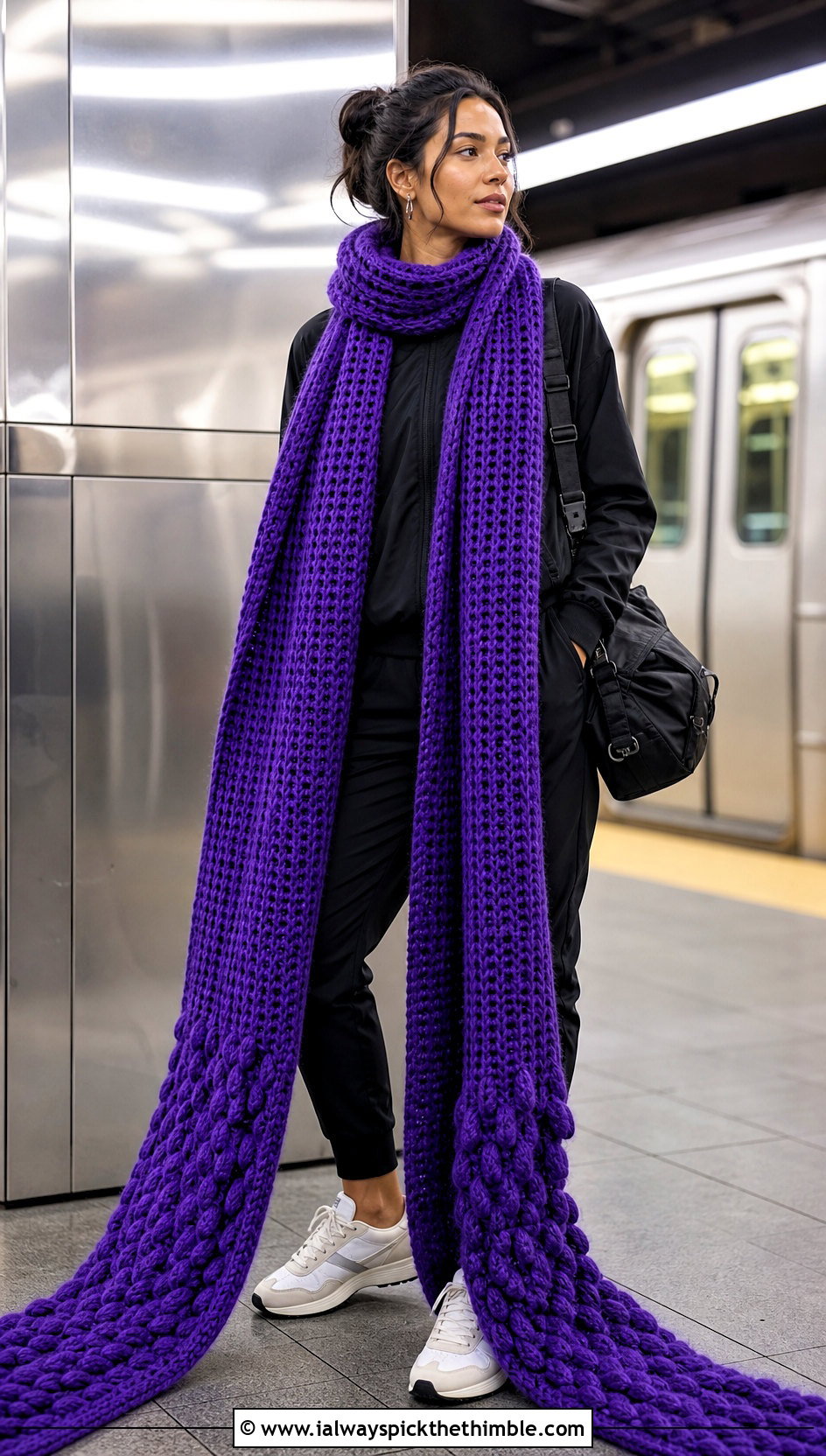Extra Long Waffle Crochet Scarf With Track Jacket And Joggers - 20 Waffle Crochet Scarf outfit ideas
