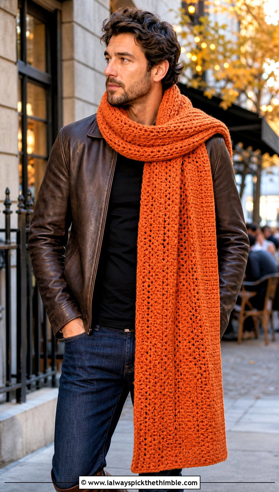 Extra Long Woven Crochet Scarf With Leather Jacket - 20 male crochet scarf outfit ideas