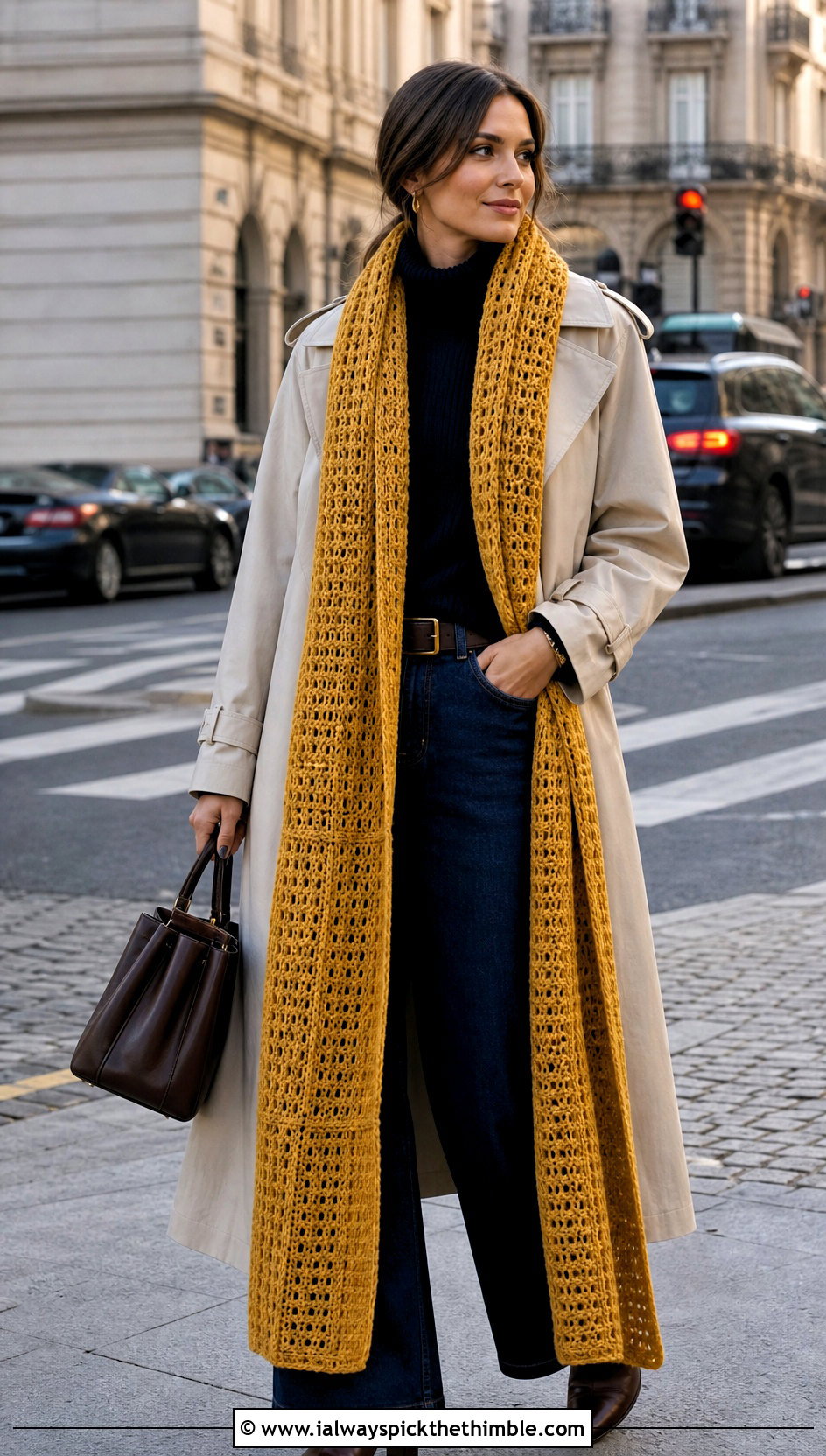 Extra Long Woven Crochet Scarf With Trench Coat And Wide Leg Jeans - 15 Winter Crochet Scarf Design outfit ideas