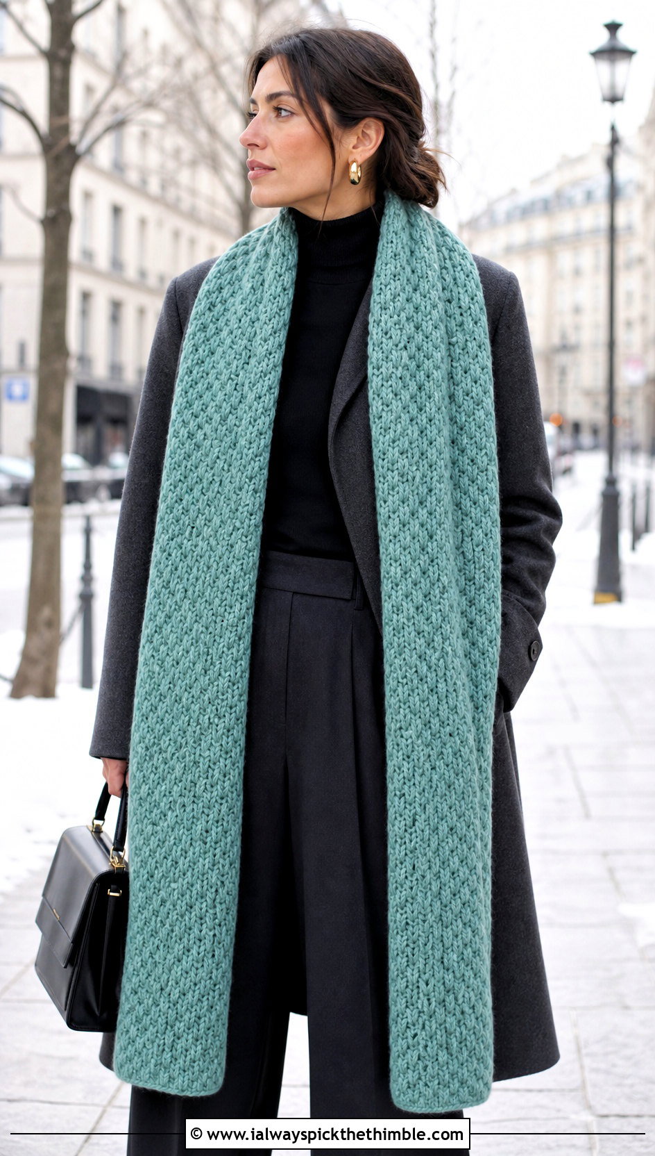 Extra Long Woven Crochet Scarf With Wool Coat - 25 beginner crochet scarf outfit ideas