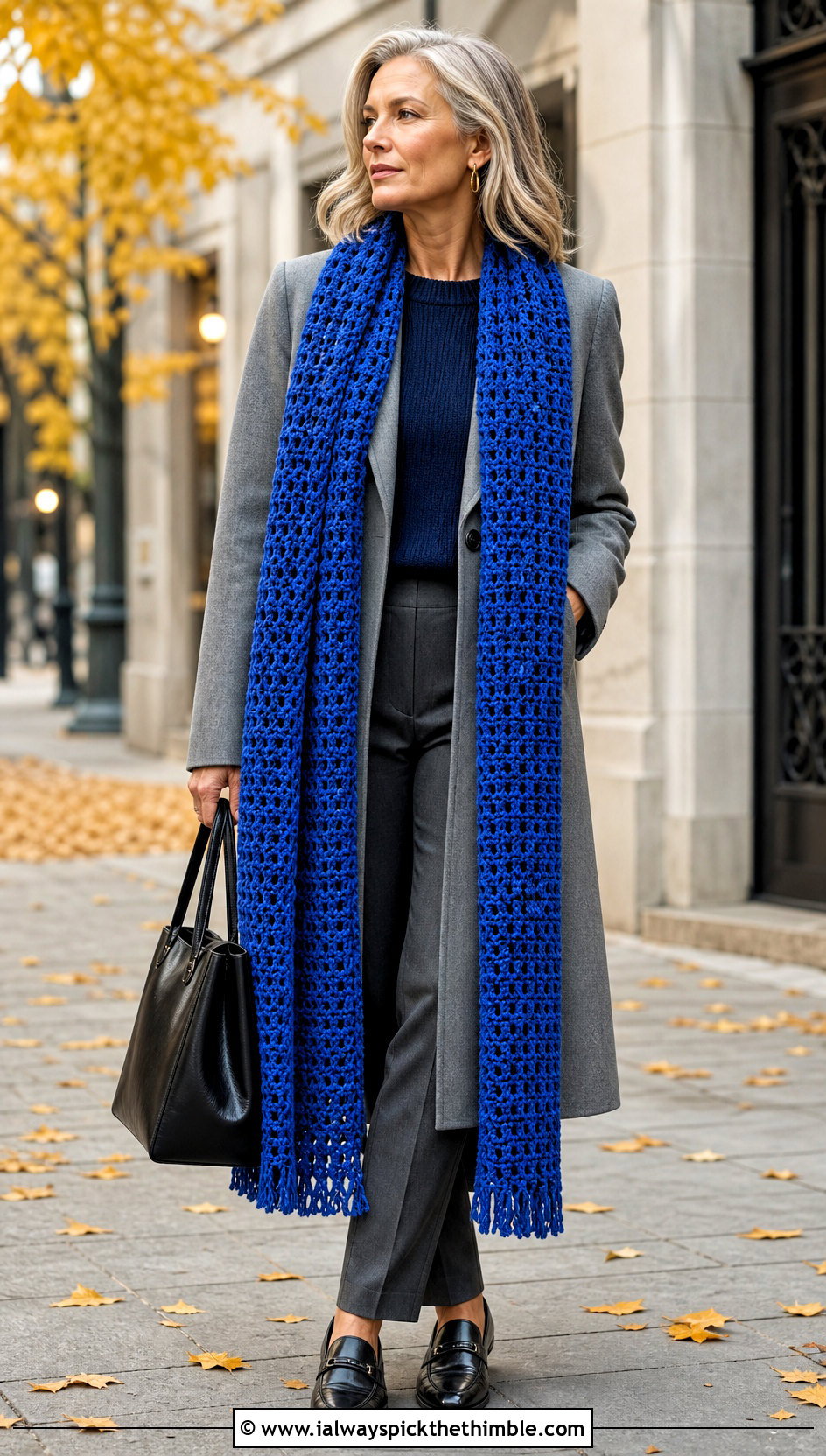 Extra Long Woven Crochet Scarf With Wool Coat and Trousers - 25 fall crochet scarf outfit ideas