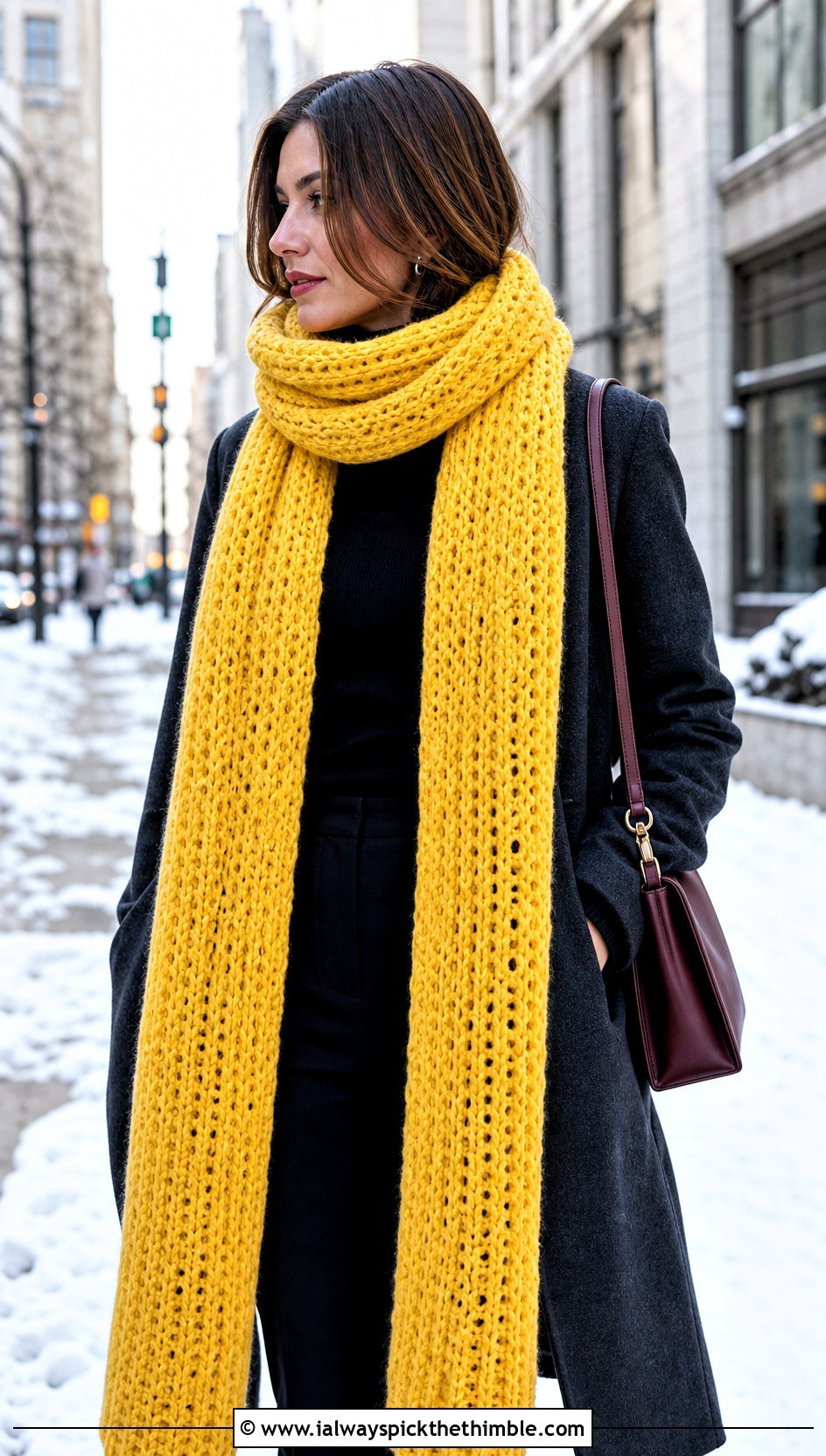 Extra Long Woven Crochet Scarf With Wool Coat - 20 Crochet Scarf For Beginners outfit ideas