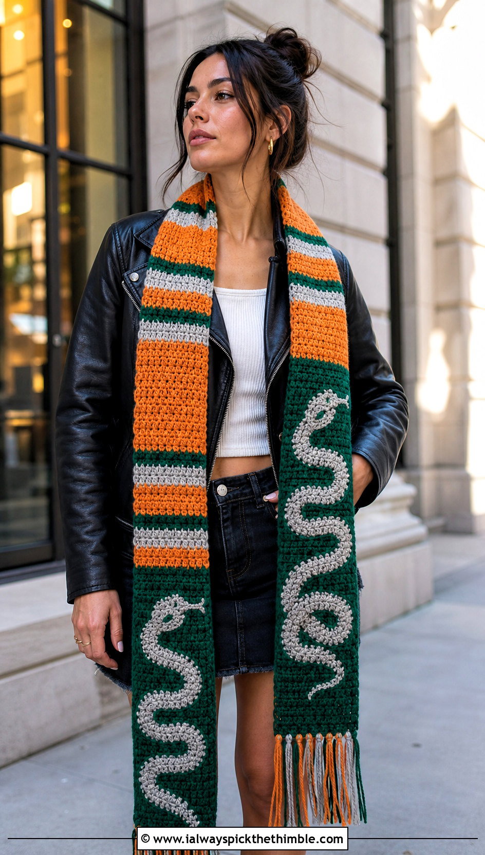 Extra Long Woven Slytherin Crochet Scarf With Leather Jacket - 20 slytherin crochet scarf outfit ideas