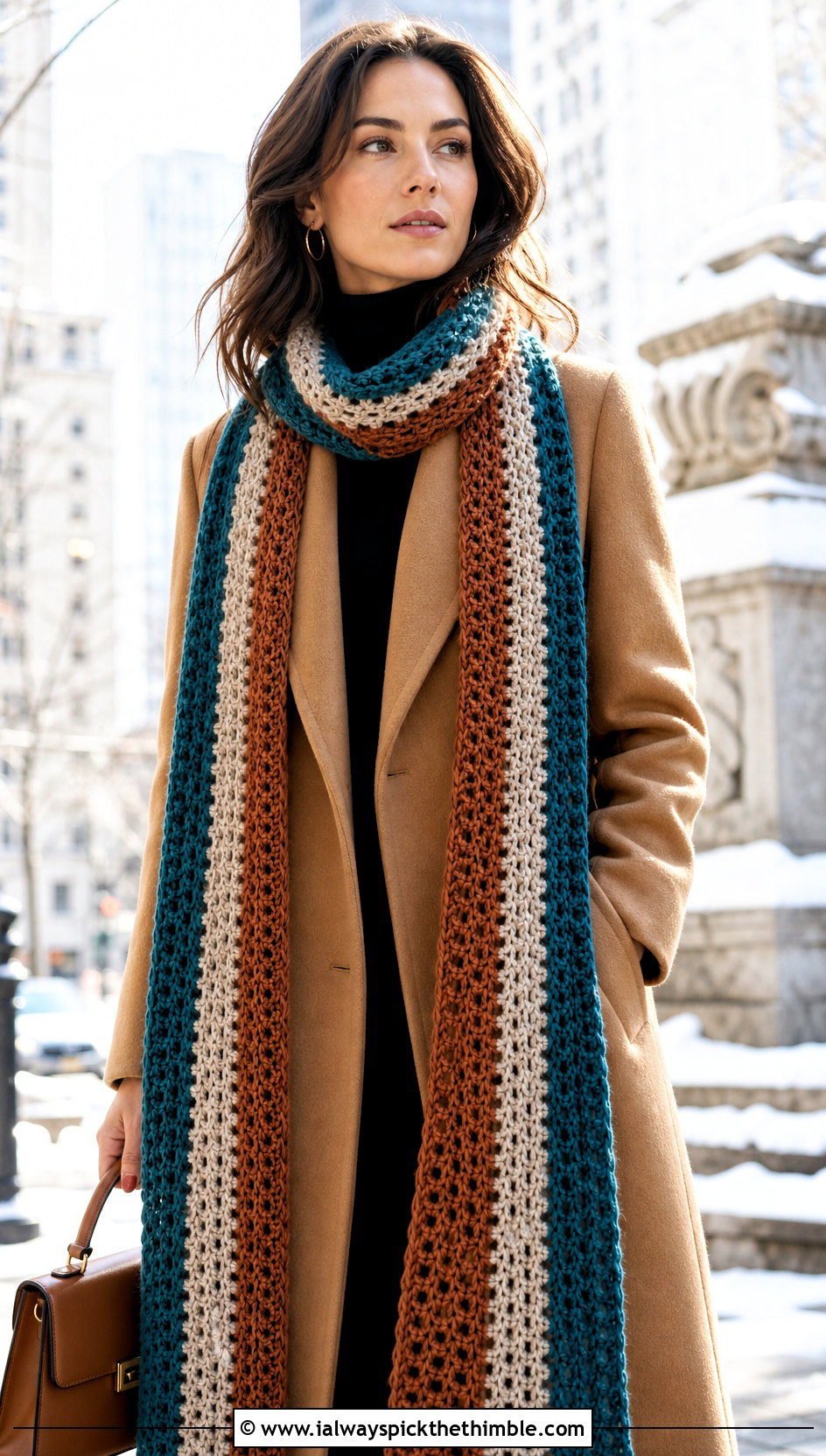 Extra Long Woven Striped Crochet Scarf With Maxi Coat - 20 crochet striped scarf outfit ideas