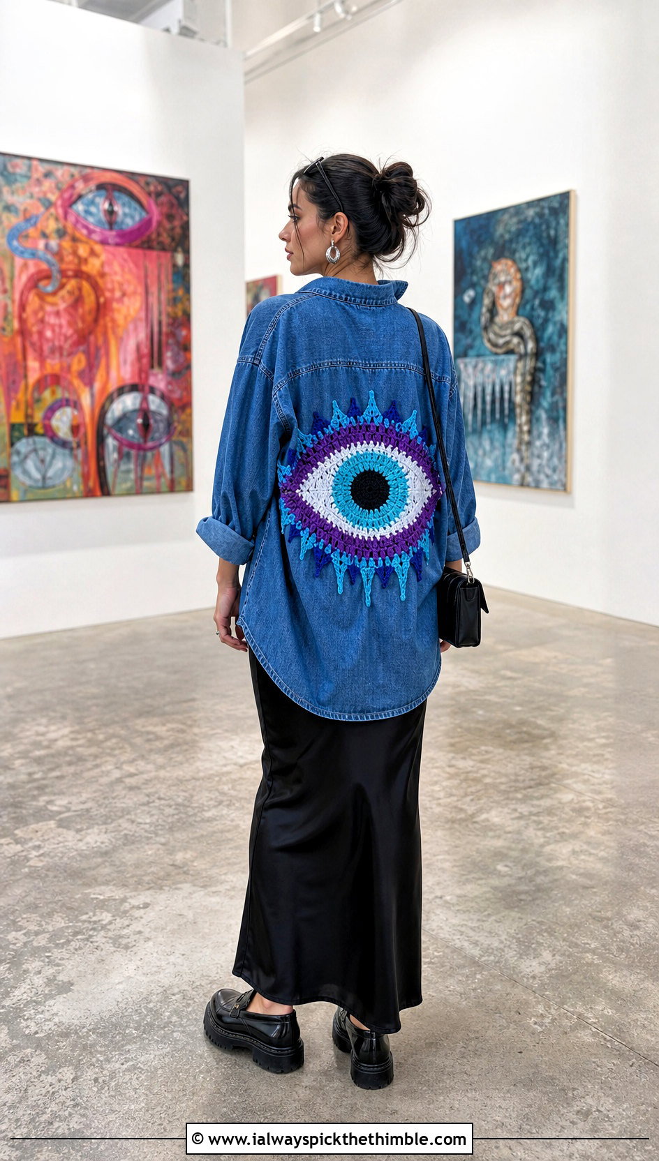 Eye Crochet Patch Denim Shirt Outfit - 20 crochet patches on clothes and outfit ideas