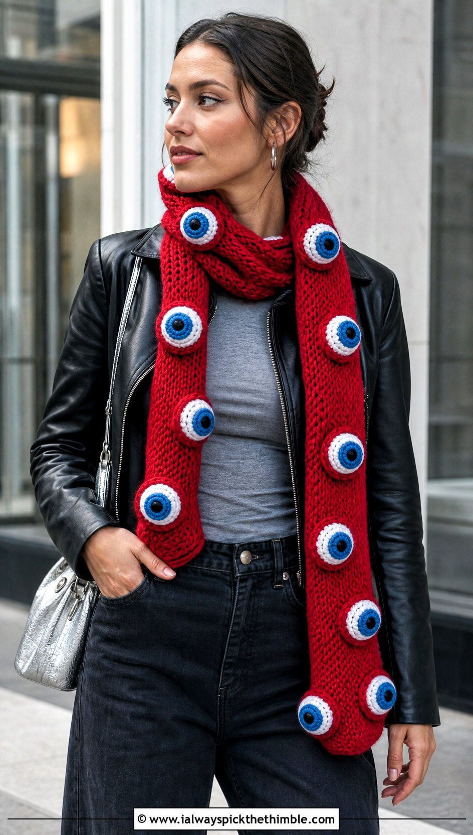 Eyeball Bobble Halloween Scarf With Leather Jacket - 20 crochet halloween scarf outfit ideas