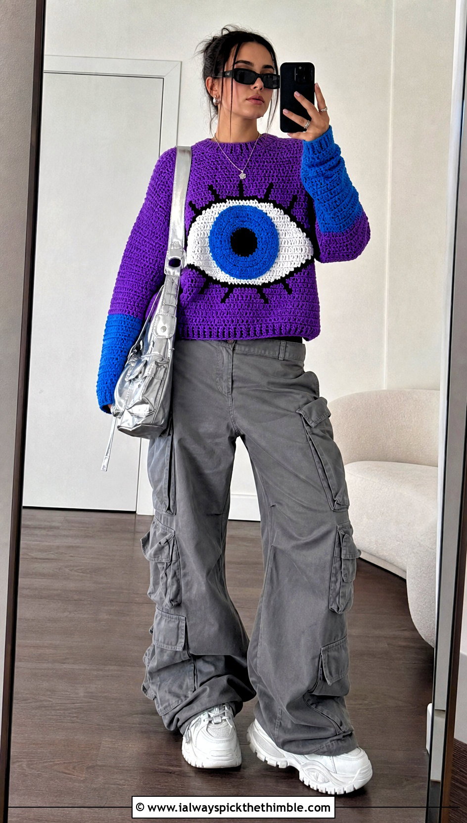 Eyeball Color Block Halloween Crochet Jumper With Cargo Pants - 15 Halloween Crochet Jumper outfit ideas