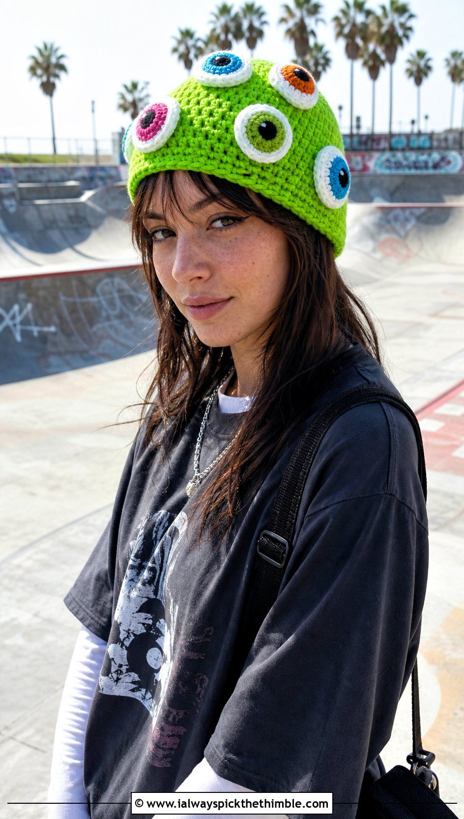 Eyeball Crochet Beanie With Skater Outfit - 20 Weird Crochet Hat outfit ideas