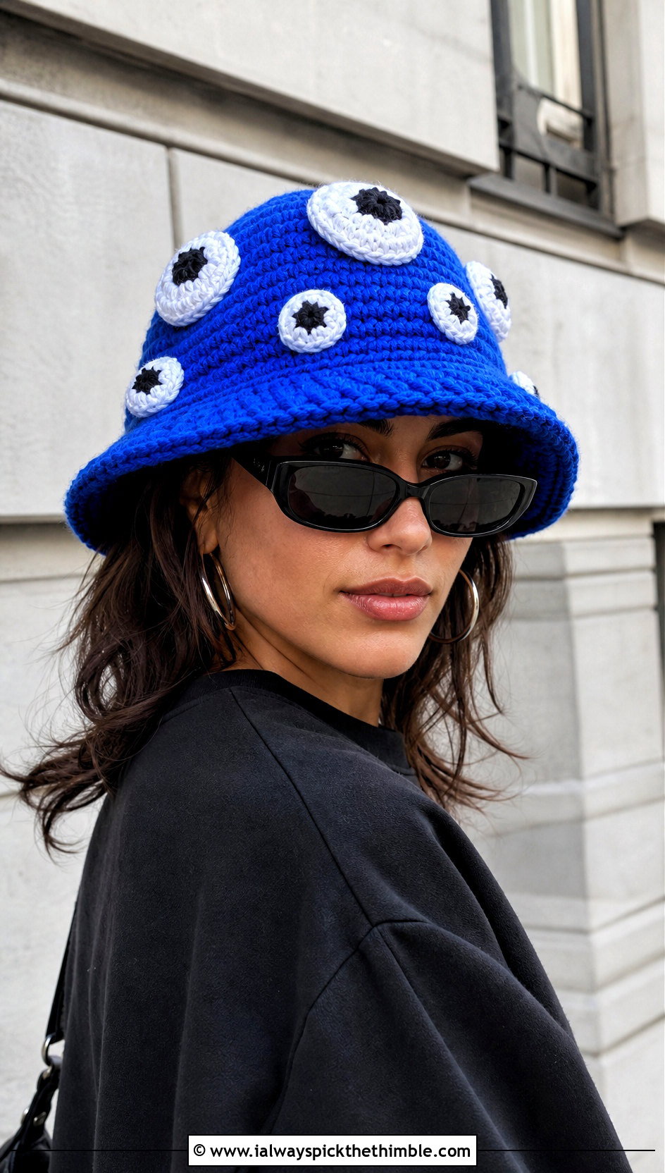 Eyeball Crochet Bucket Hat With A Monochrome Outfit - 20 crochet funny hats outfit ideas