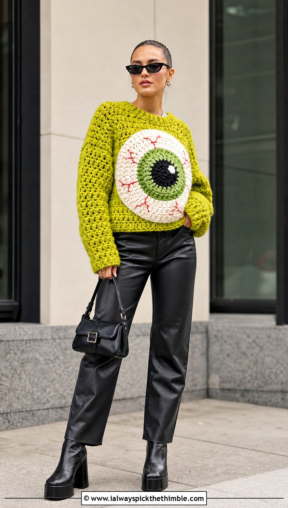 Eyeball Crochet Sweater With Leather Pants - 20 weird crochet clothes and outfit ideas