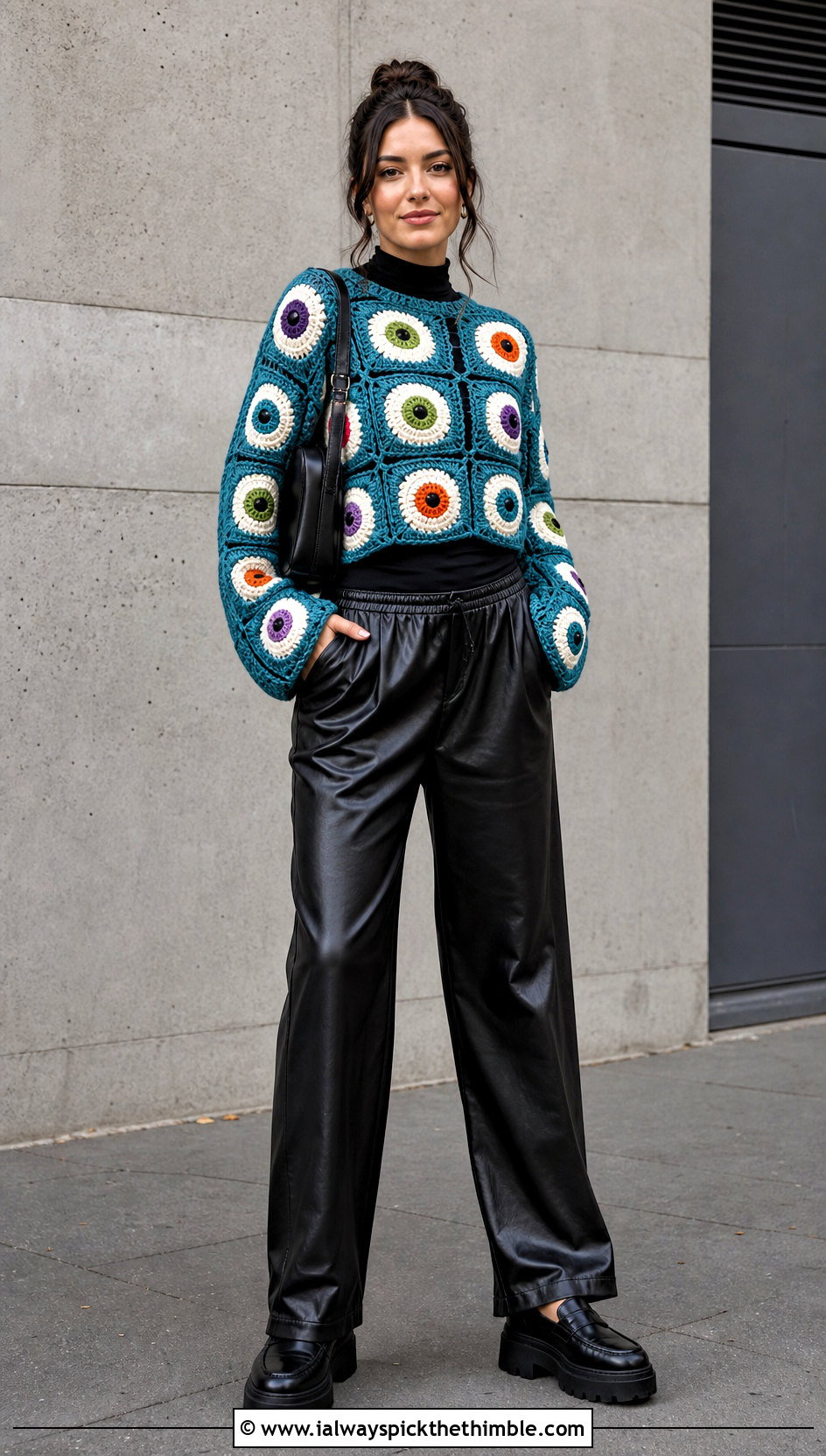 Eyeball Granny Square Halloween Sweater With Leather Pants - 15 Crochet Granny Square Halloween Sweater outfit ideas