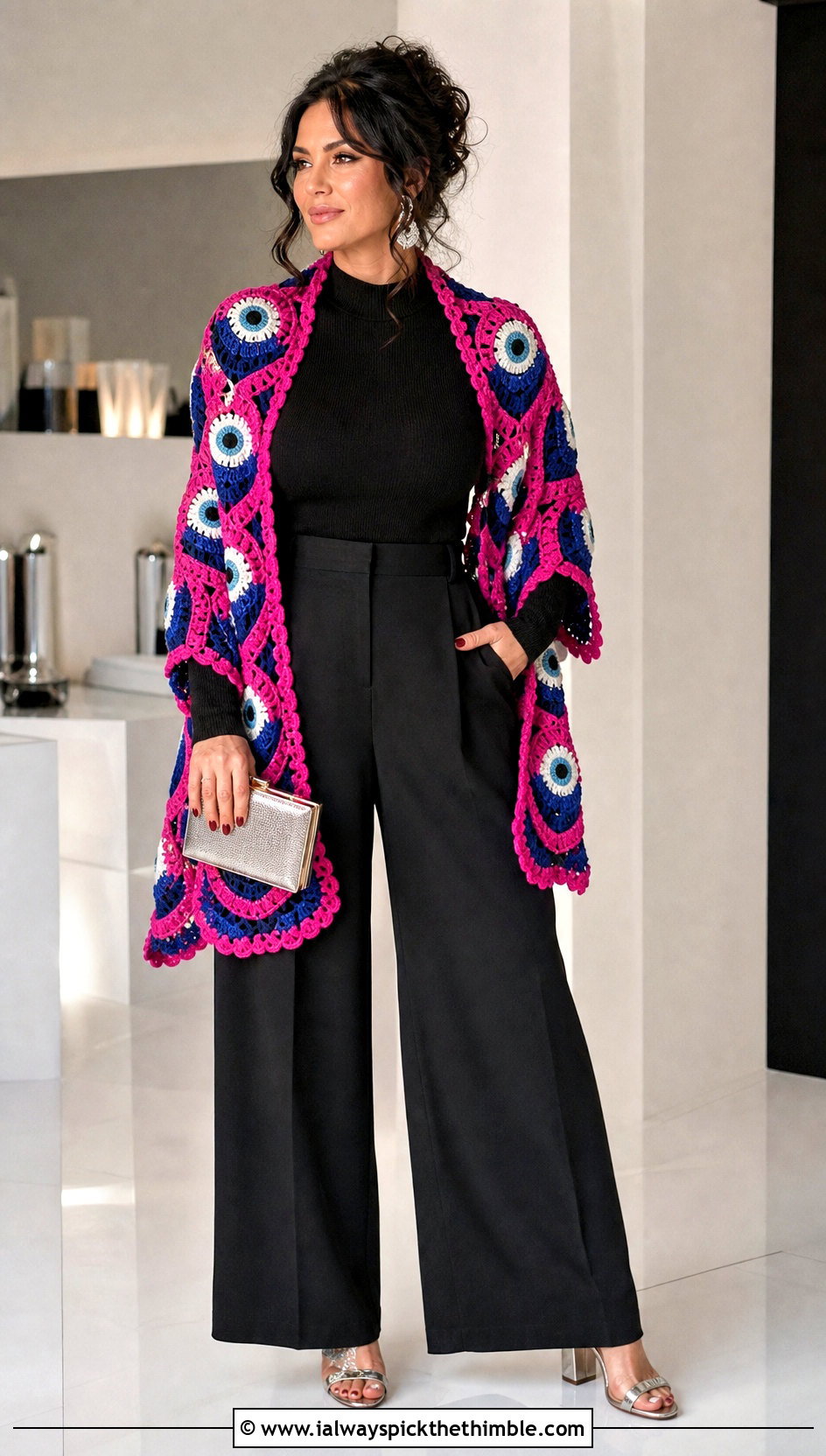 Eyeball Granny Square Stole With Party Outfit - 20 Crochet Halloween Shawl outfit ideas