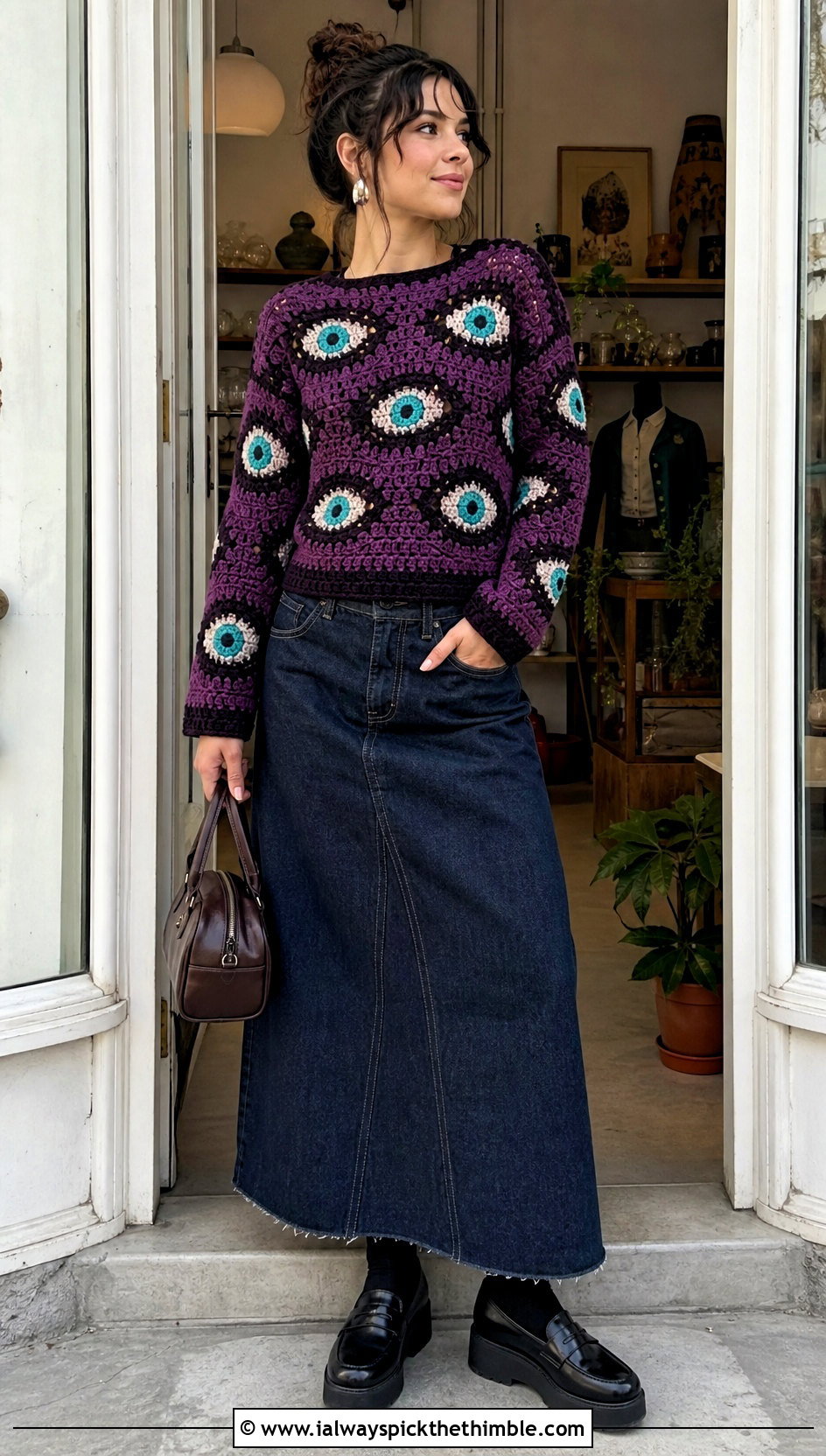 Eyeball Mosaic Spooky Crochet Sweater With Denim Maxi Skirt - 15 Spooky Crochet Sweater outfit ideas