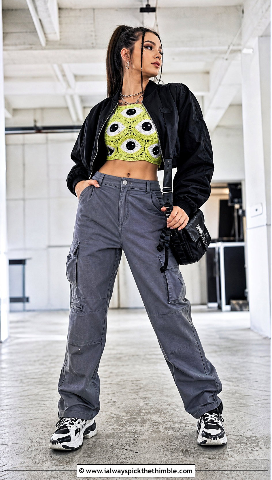 Eyeball Motif Crochet Crop Top With Cargo Pants - 20 Crochet Halloween Clothing and outfit ideas