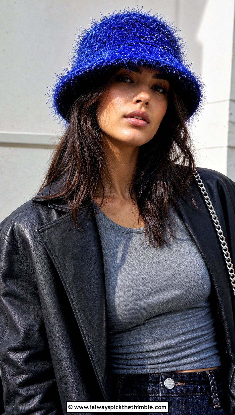 Eyelash Yarn Fuzzy Crochet Bucket Hat With Leather Jacket - 20 fuzzy crochet bucket hat outfit ideas