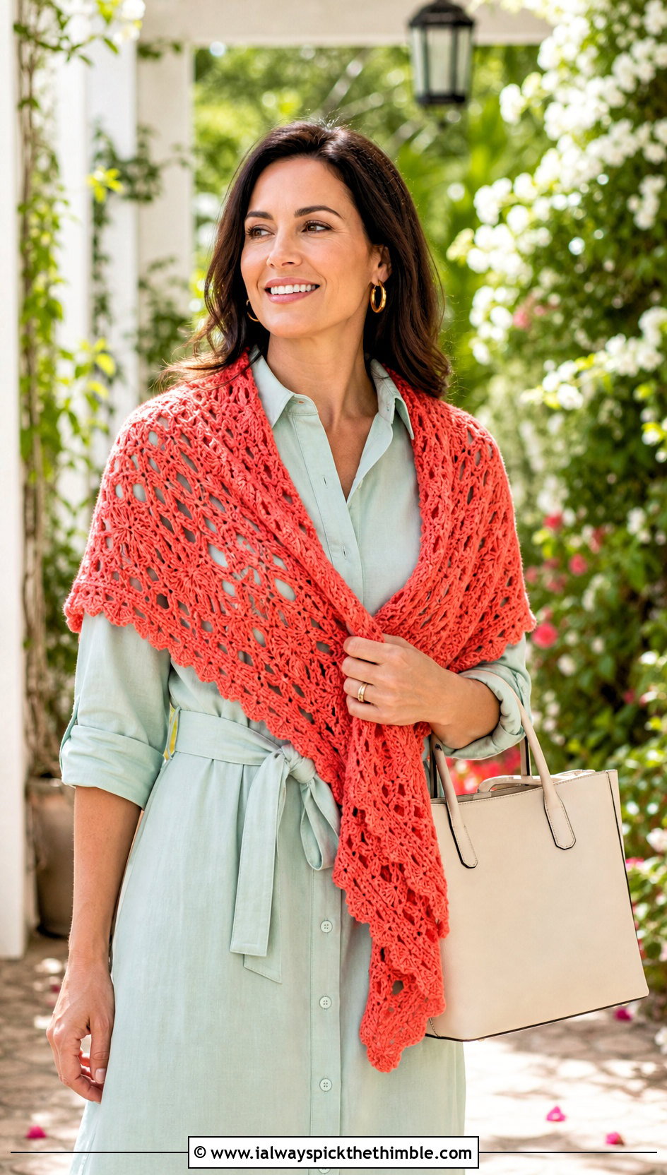 Eyelet Crochet Shawl With a Shirt Dress - 20 one skein crochet shawl outfit ideas