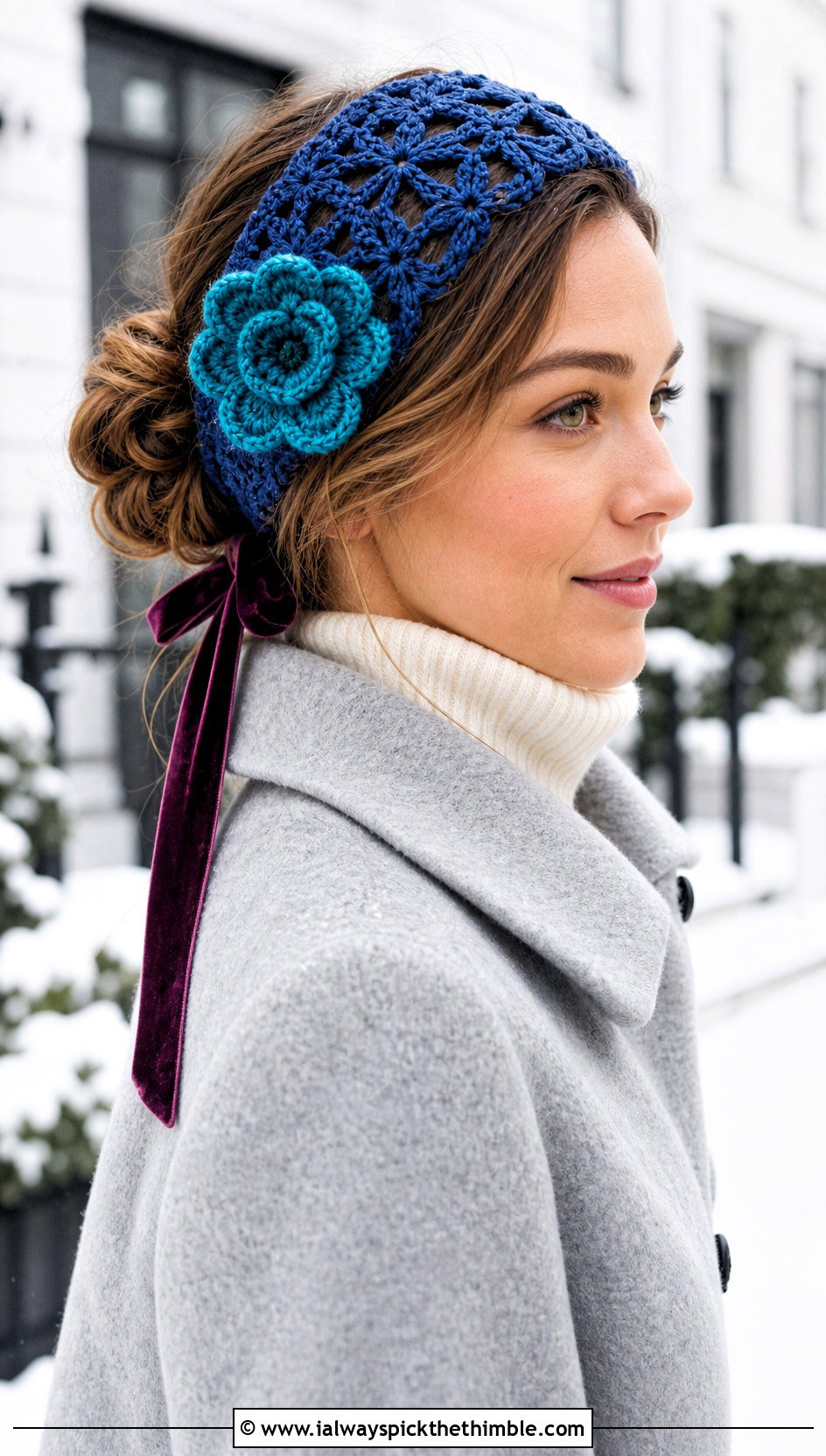 Eyelet Flower Ribbon Crochet Headband With Wool Coat - 15 crochet headband with flower and ribbon outfit ideas