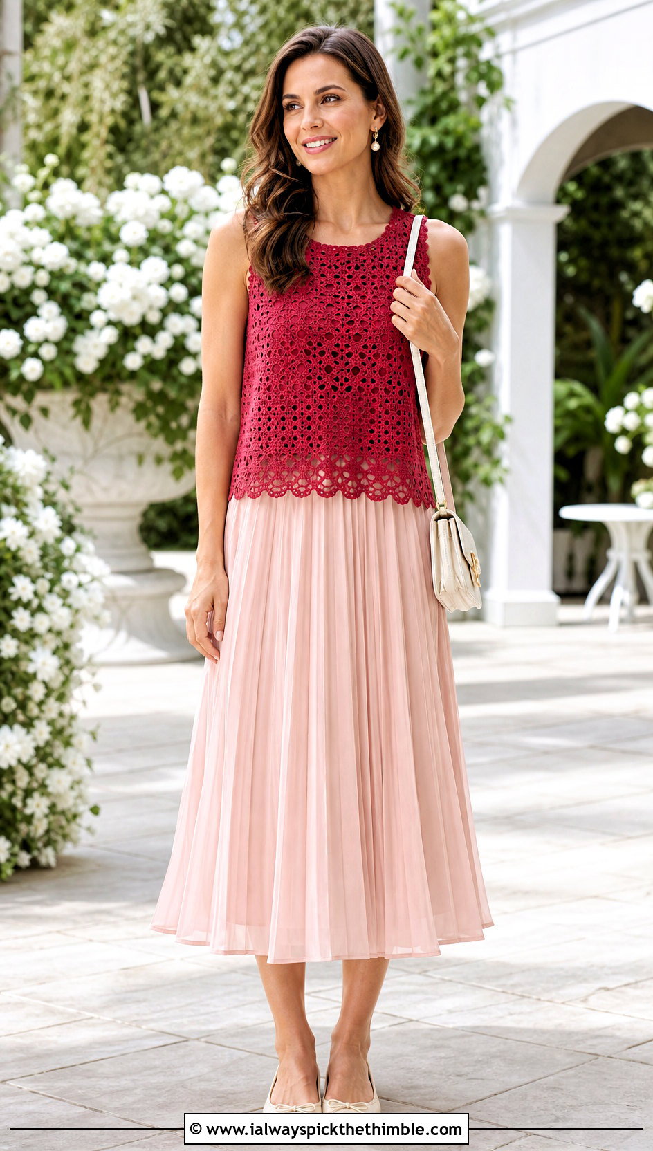 Eyelet Lace Crochet Tank Top With Pleated Midi Skirt - 20 crochet tank tops aesthetic outfit ideas