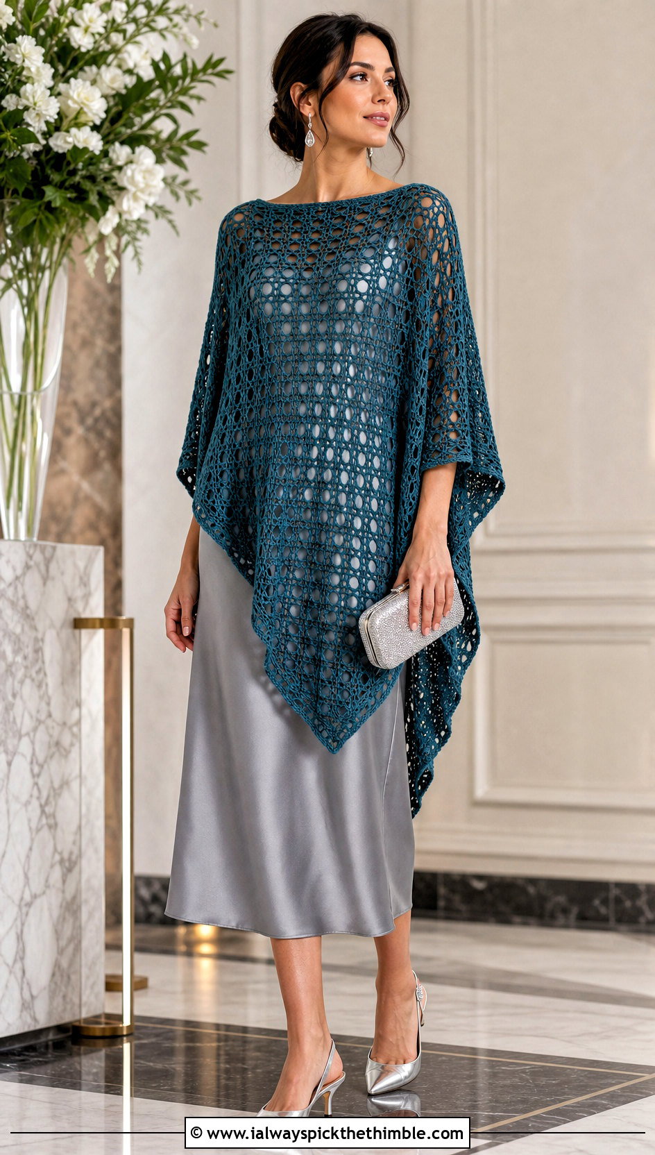 Eyelet Rectangle Poncho With Satin Slip Dress - 20 crochet rectangle poncho outfit ideas