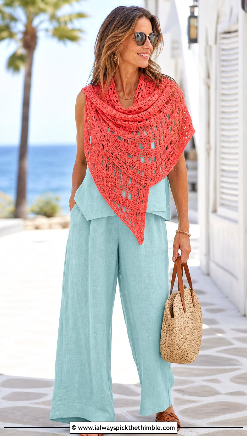 Eyelet Tunisian Crochet Triangle Shawl With Linen Set - 20 Tunisian Crochet Triangle Shawl outfit ideas