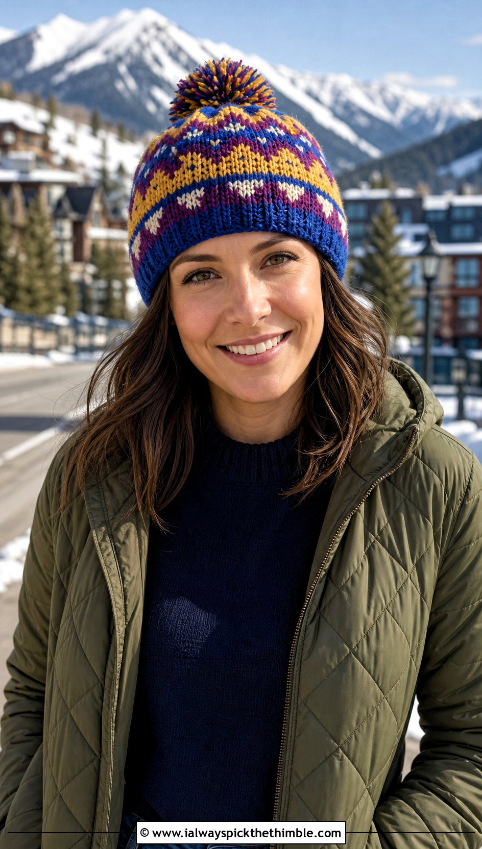 Fair Isle Crochet Beanie With Quilted Jacket - 20 classic crochet beanie outfit ideas