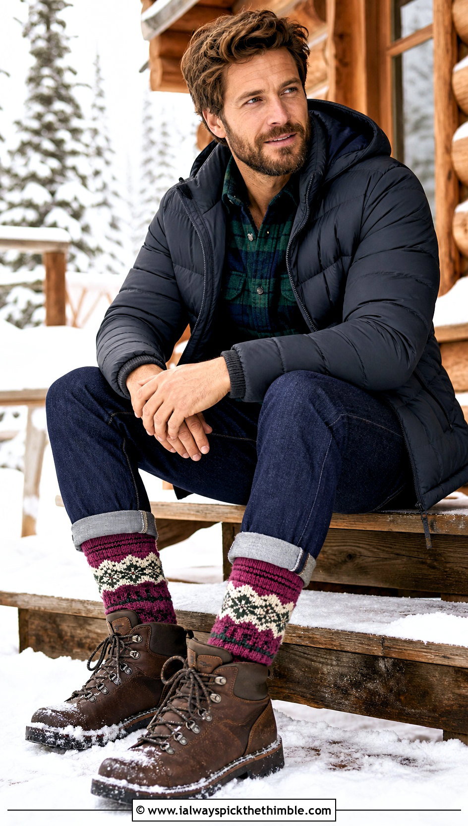 Fair Isle Crochet Boot Socks With Puffer Jacket - 20 Mens Crochet Socks outfit ideas