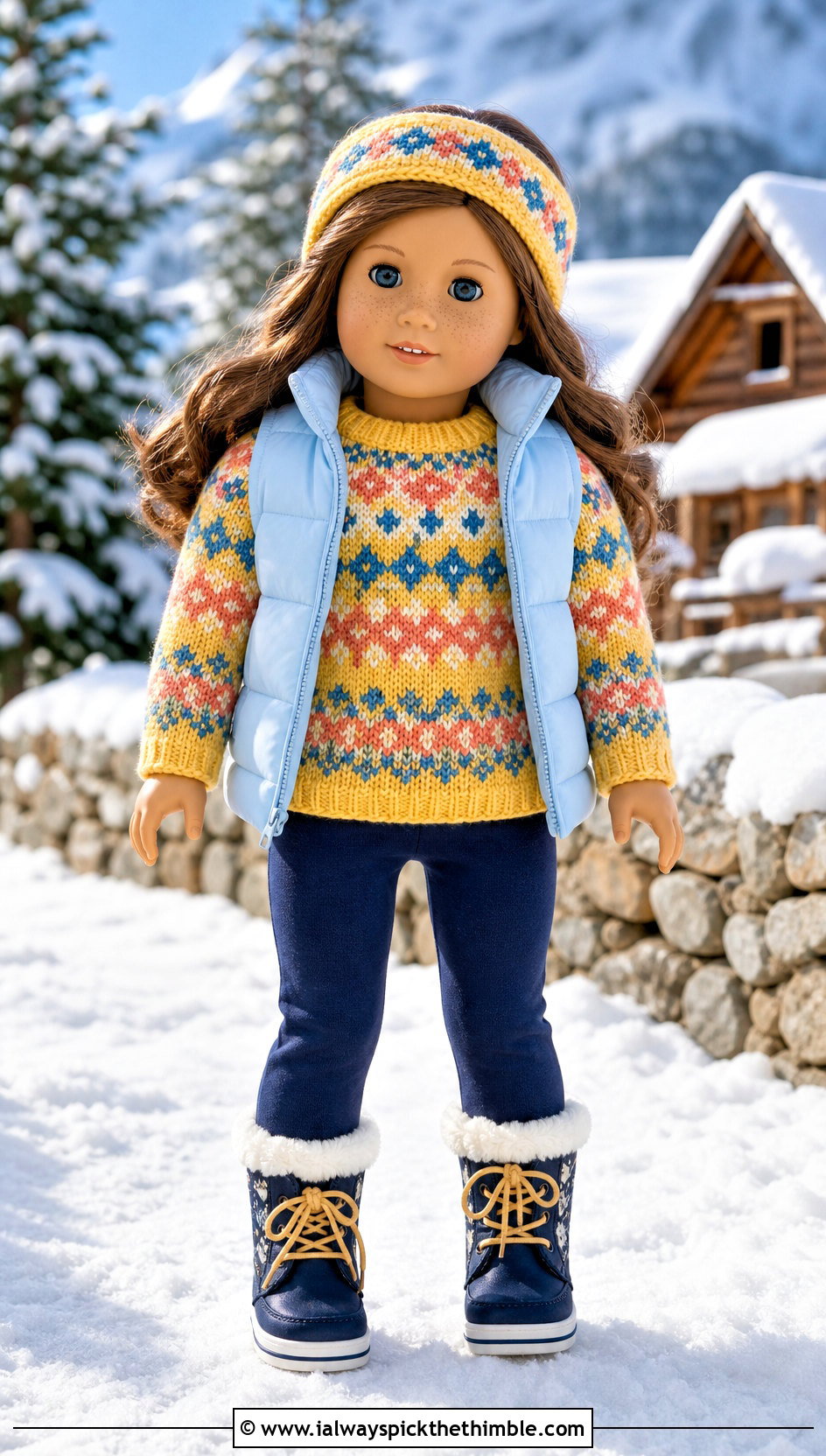 Fair Isle Crochet Doll Sweater With Puffer Vest And Leggings - 20 Crochet Sweater For Dolls outfit ideas
