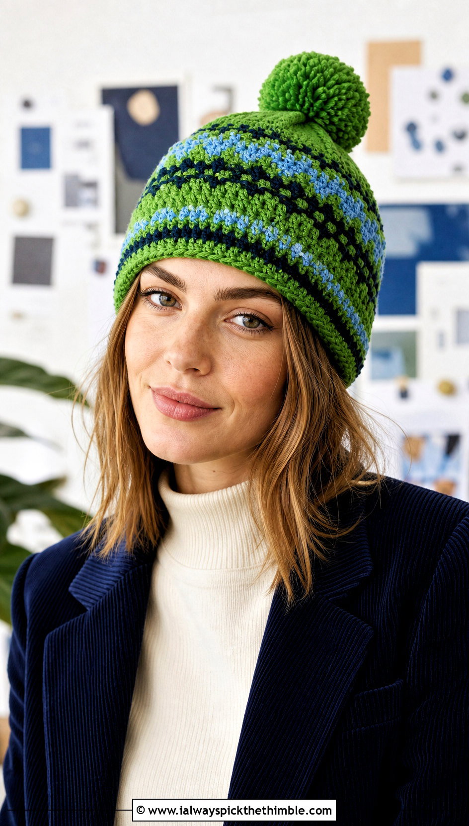 Fair Isle Crochet Hat With Pom Pom And Corduroy Suit - 20 crochet hat with pom pom outfit ideas