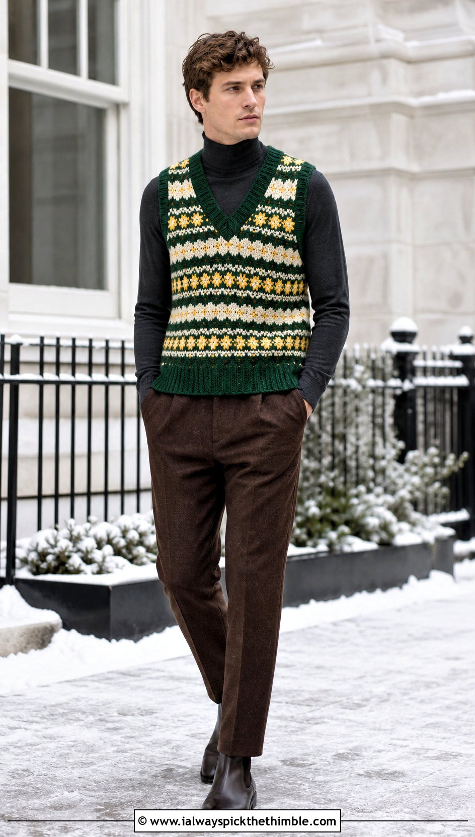 Fair Isle Crochet Mens Sweater Vest With Turtleneck And Wool Trousers - 20 crochet mens sweater vest outfit ideas