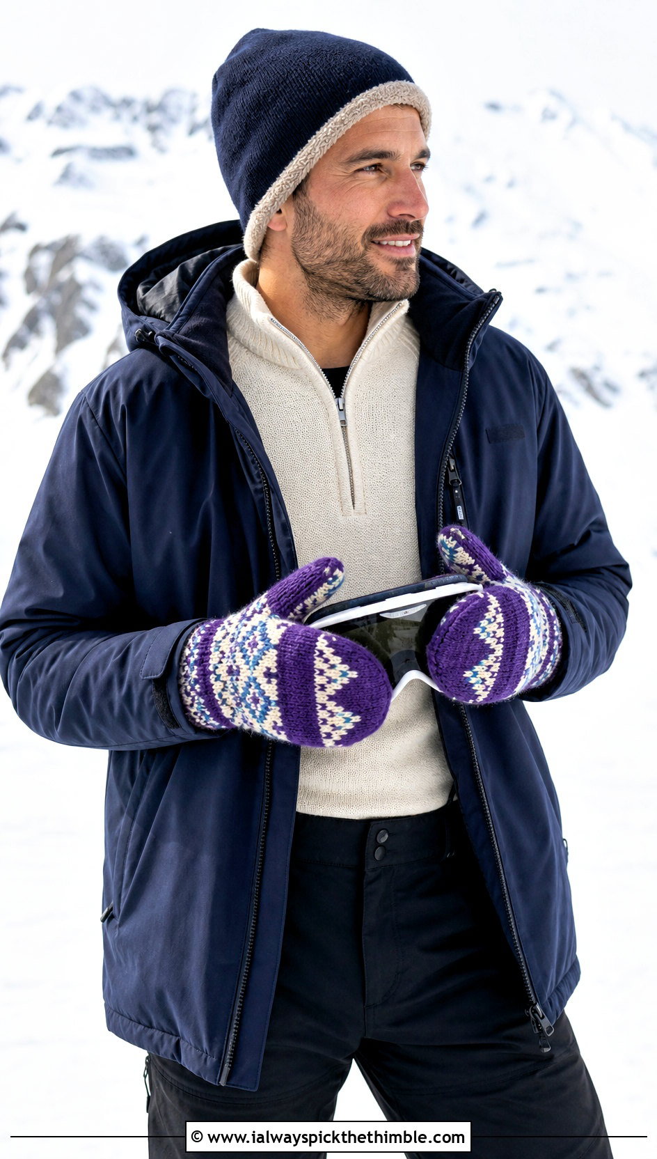 Fair Isle Crochet Mittens With Ski Jacket - 20 Crochet Mens Mittens outfit ideas