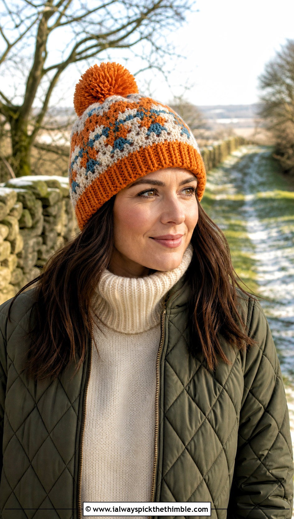 Fair Isle Crochet Pom Pom Beanie With Quilted Coat - 20 crochet beanie with pom pom outfit ideas