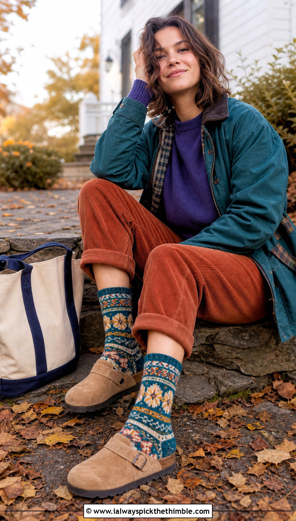 Fair Isle Crochet Socks With Corduroy Pants - 25 easy crochet socks outfit ideas
