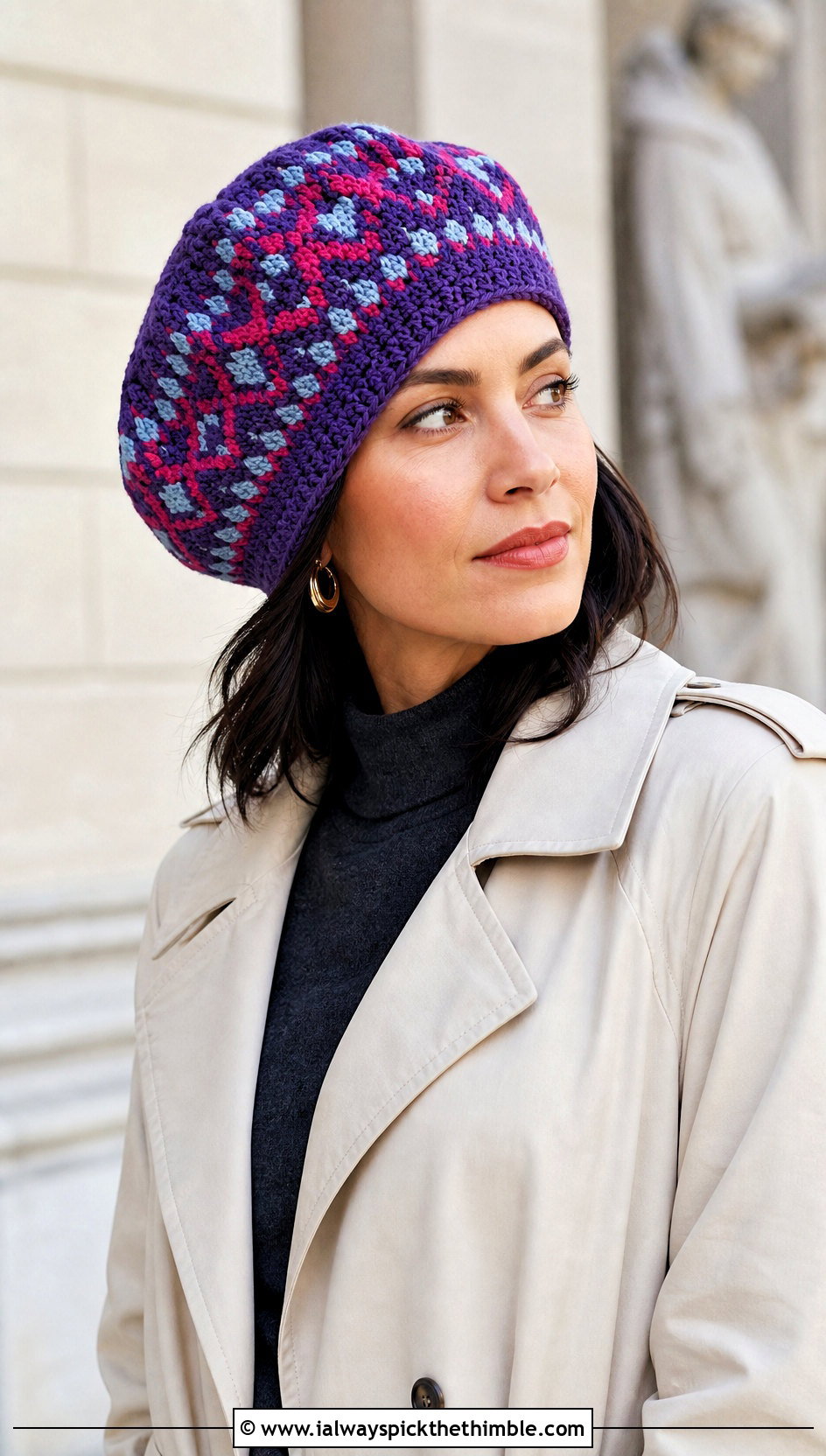 Fair Isle Crochet Tam With Trench Coat - 20 fair isle crochet hat outfit ideas