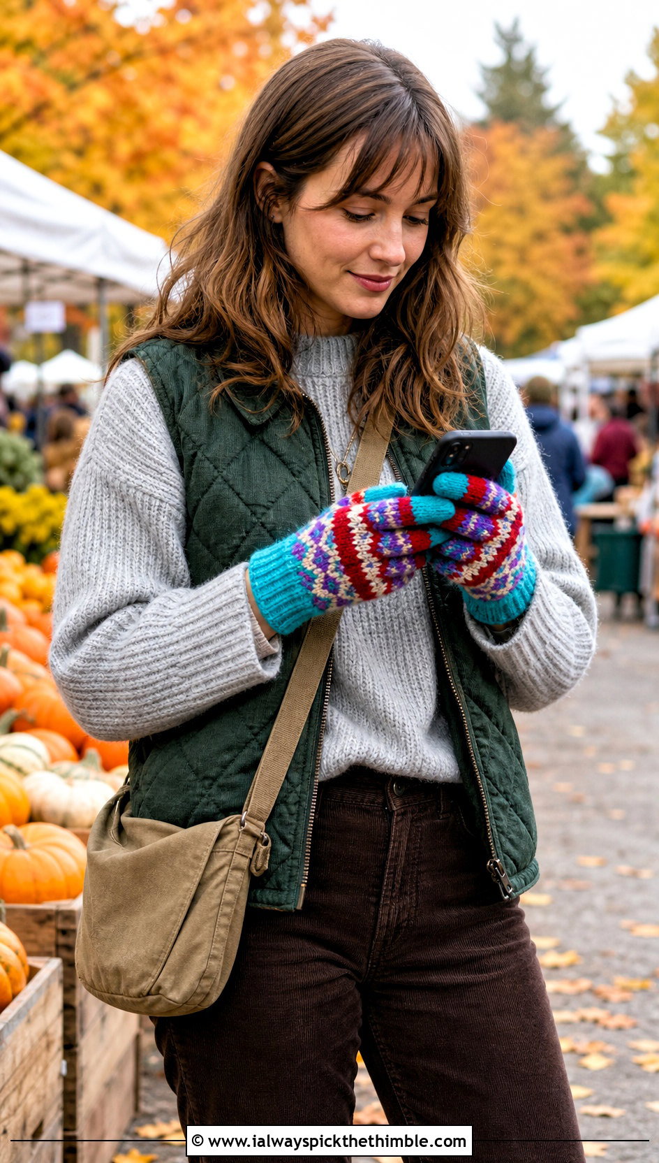 Fair Isle Crochet Texting Gloves With Quilted Vest - 15 Crochet Texting Gloves outfit ideas