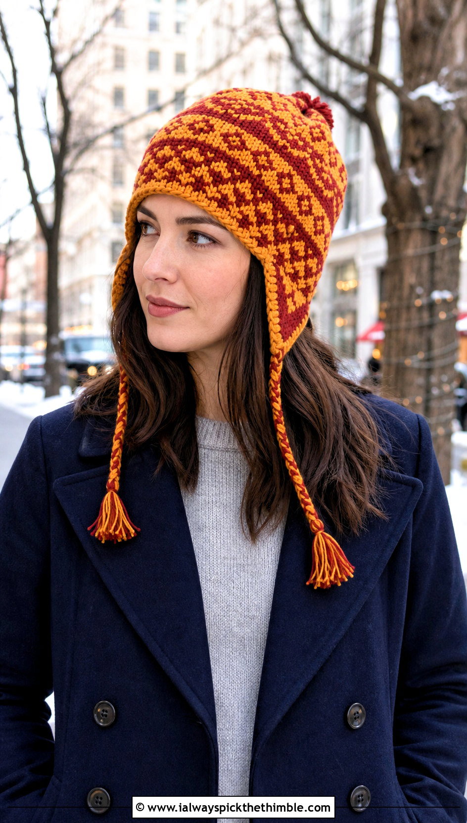 Fair Isle Inspired Crochet Ear Flap Hat With Peacoat - 20 crochet adult ear flap hat outfit ideas