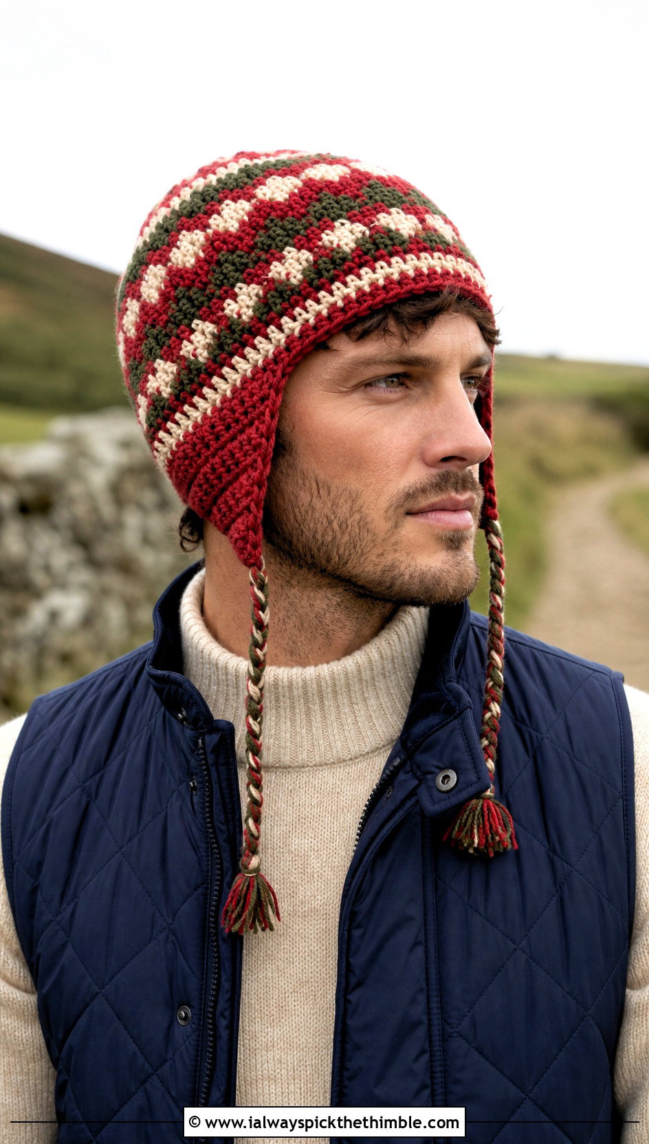 Fair Isle Inspired Crochet Earflap Hat With Quilted Vest - 20 Mens Crochet Earflap Hat outfit ideas