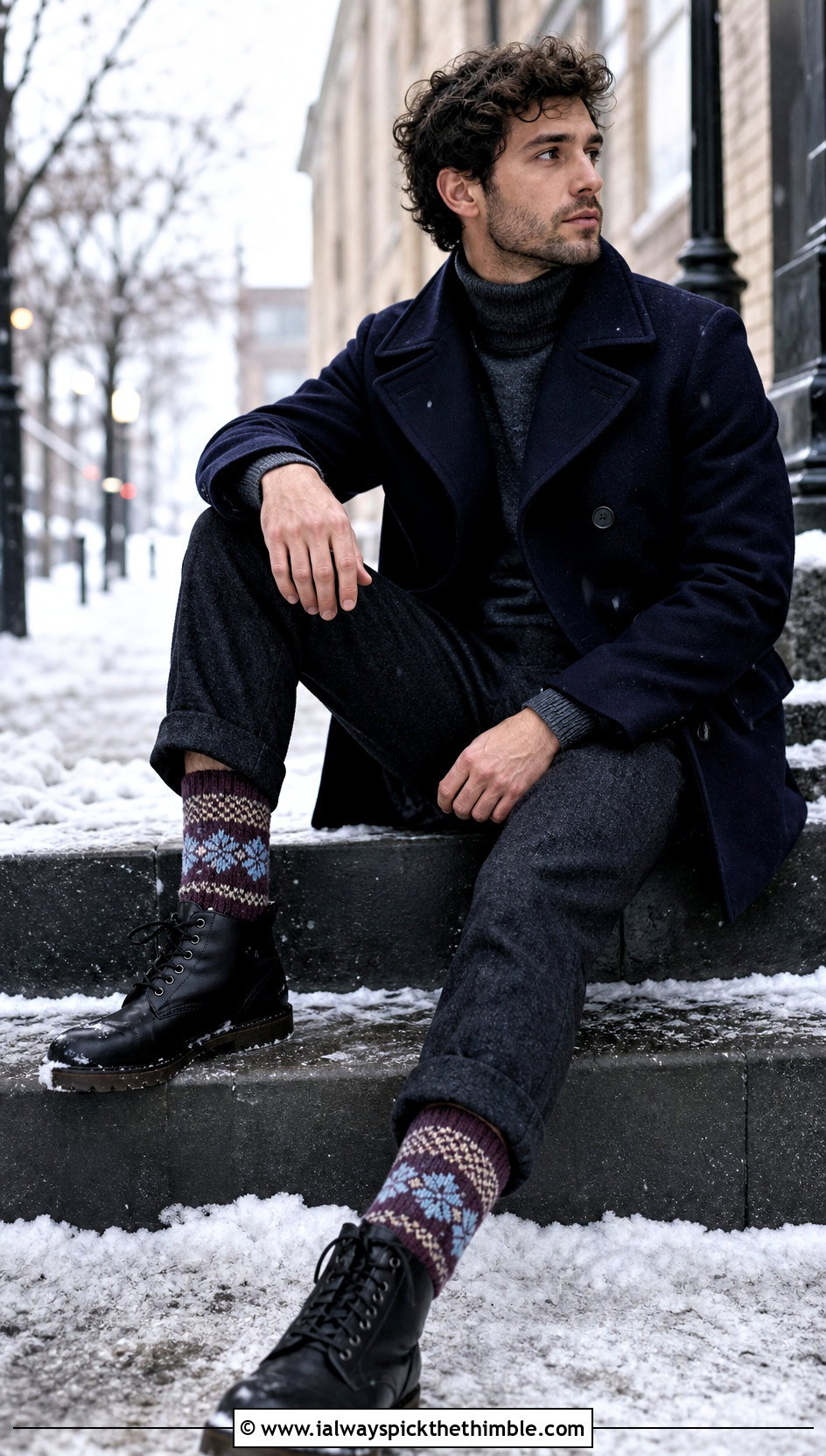 Fair Isle Inspired Crochet Socks With A Peacoat - 20 men's crochet socks outfit ideas