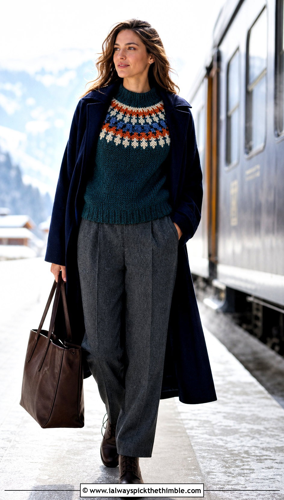 Fair Isle Inspired Crochet Yoke Sweater With Wool Pants - 20 crochet winter sweater outfit ideas