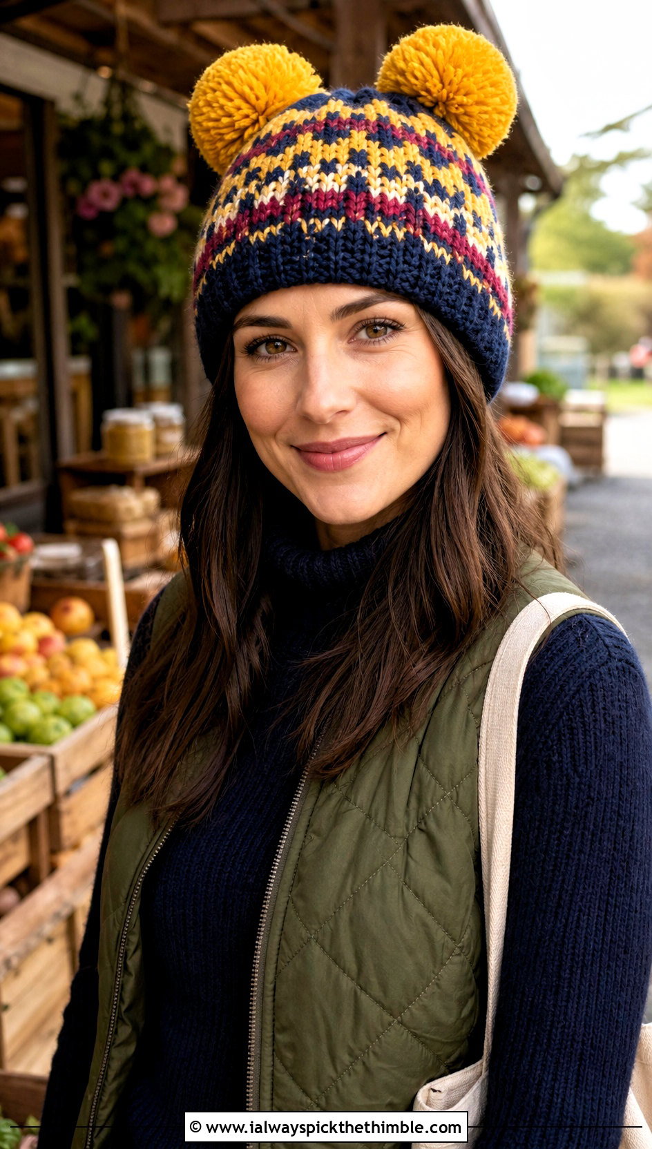Fair Isle Inspired Double Pompom Crochet Hat With Quilted Vest - 20 Double Pompom Crochet Hat outfit ideas