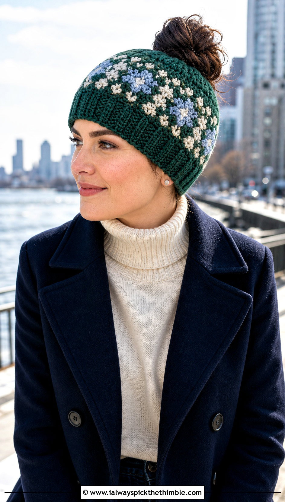 Fair Isle Inspired Messy Bun Crochet Hat With Peacoat - 25 crochet messy bun hat outfit ideas
