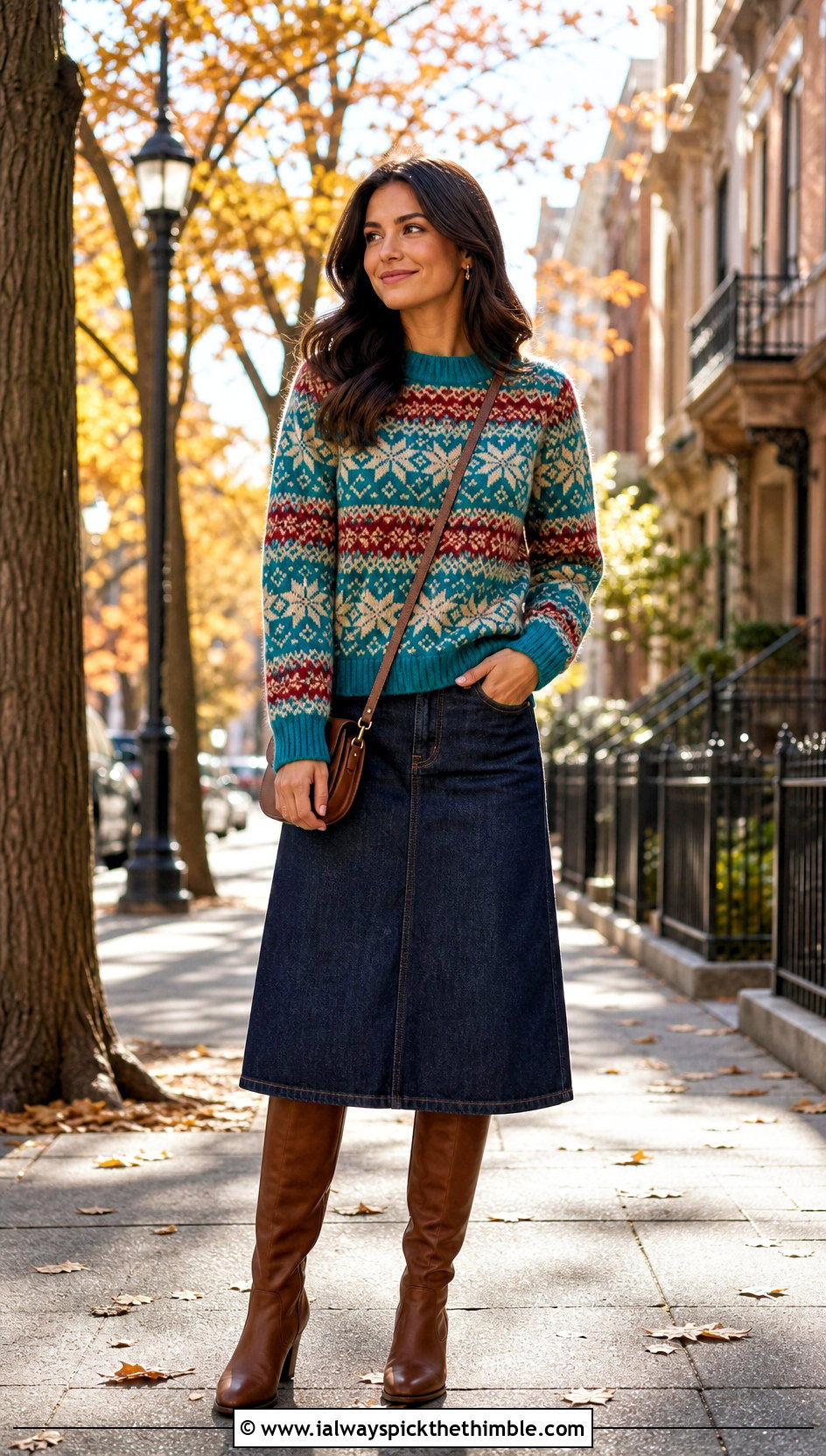 Fair Isle Knit Sweater With Denim Midi Skirt - 20 Knit And Crochet Sweater outfit ideas