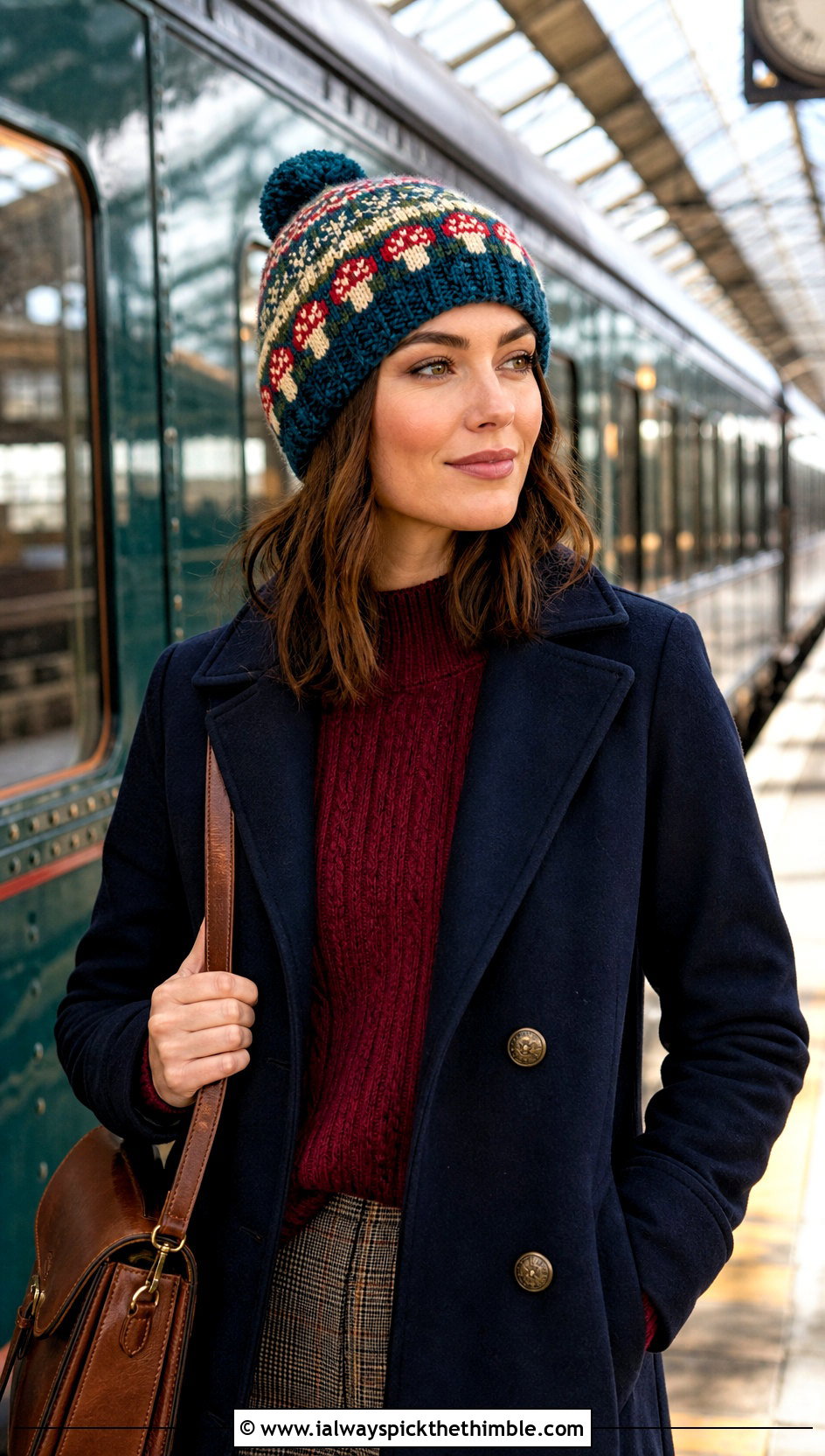 Fair Isle Mushroom Beanie With Peacoat And Plaid Pants - 20 crochet mushroom beanie outfit ideas