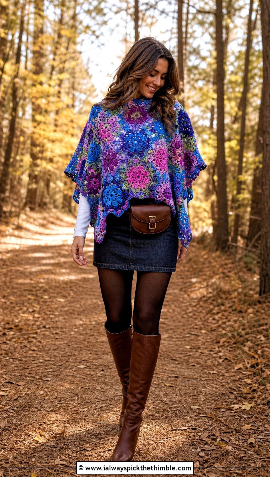 Fairy Core Flower Crochet Poncho With Denim Mini Skirt - 20 Fairy Core Crochet Outfits ideas