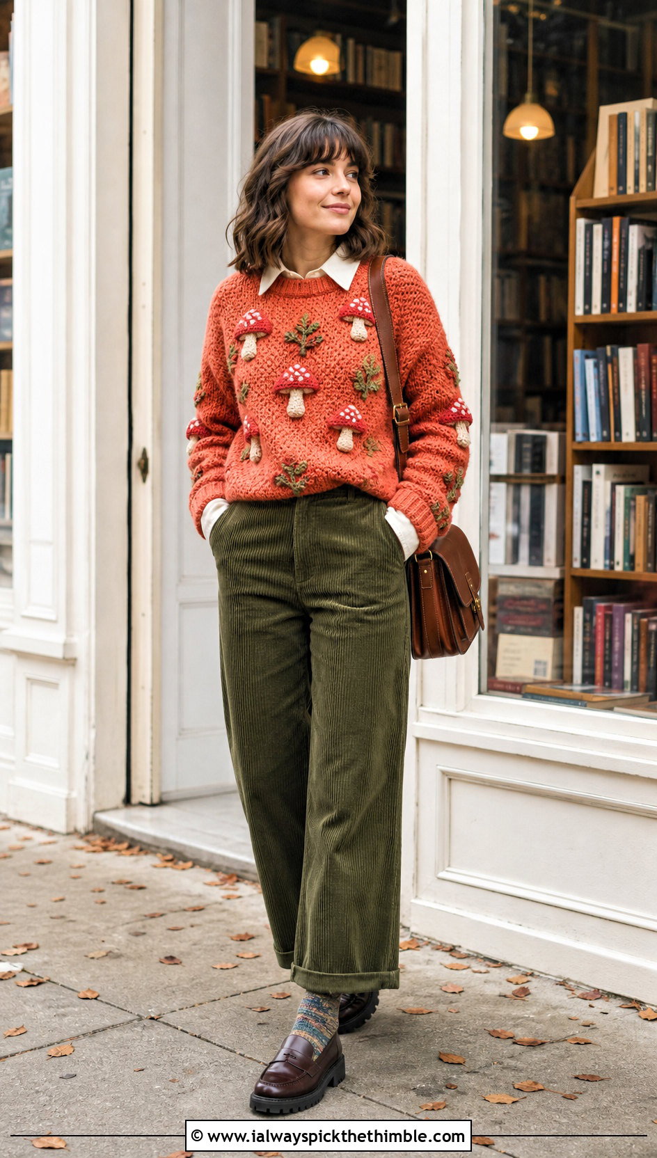 Fairy Core Mushroom Crochet Sweater With Corduroy Pants - 20 Fairy Core Crochet Outfits ideas