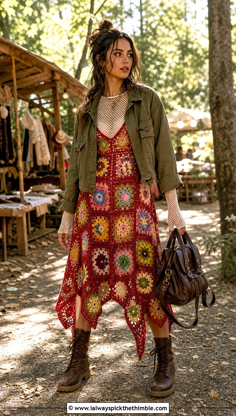Fairy Core Patchwork Crochet Dress With Combat Boots - 20 Fairy Core Crochet Outfits ideas