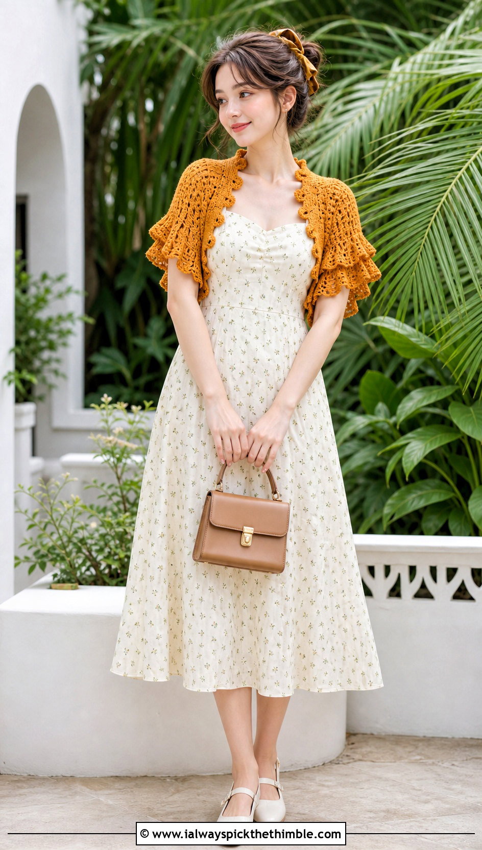Fairy Core Ruffled Crochet Bolero With Floral Midi Dress - 20 Fairy Core Crochet Outfits ideas